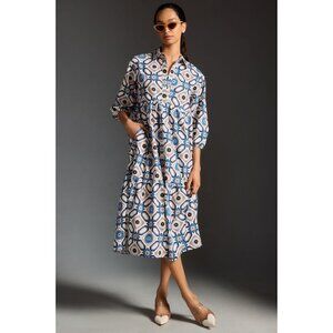 NWT Anthropologie Maeve The Bettina in Sapphire White Tile Tiered Shirt Dress S